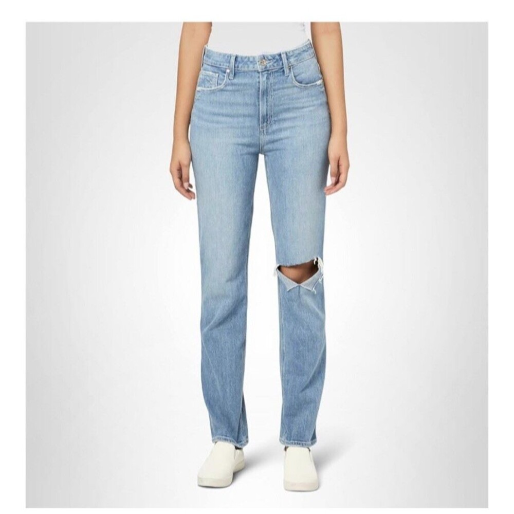 PAIGE Light Blue Straight Leg Jeans with Knee Rip